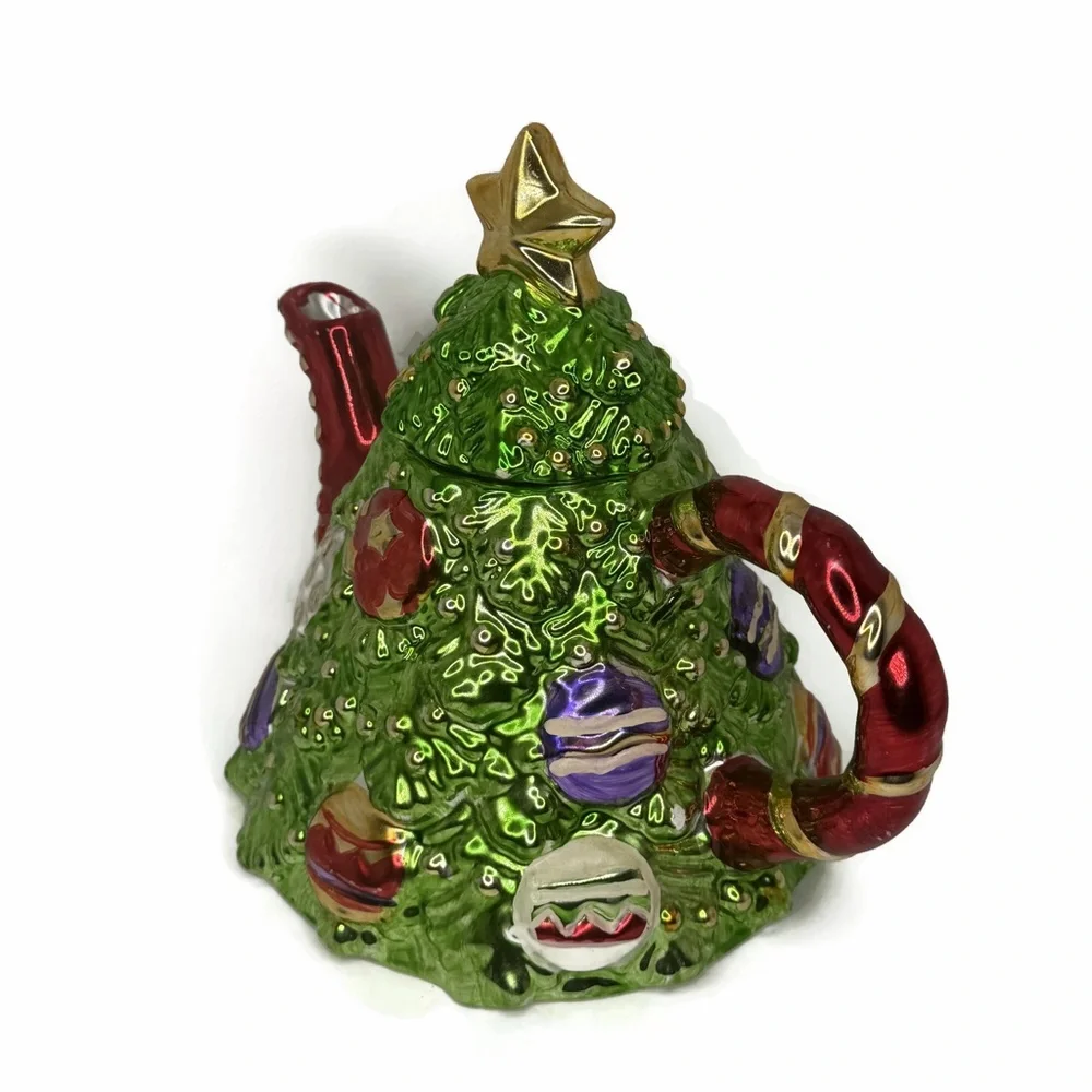 Vintage Allure 1998 Ceramic Metallic Glazed Christmas Tree Teapot